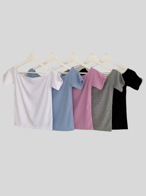 [국내제작] 베이직 슬림 오프숄더 반팔 티셔츠 5색상
